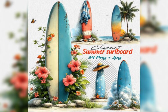 Download Whimsical Summer Surfboard Beach Clipart - Premium Bundle